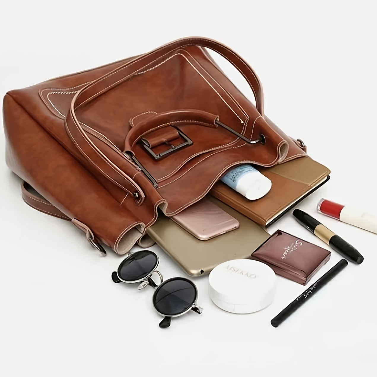 3pcs Vintage Style Tote Bag Set PU Leather Handbag Crossbody Bag & Card Bag
