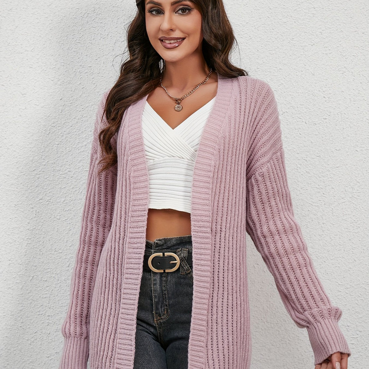  Ribbed Long Sleeve Open Front Knit Cardigan