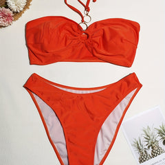  Solid Halter Neck Bikini Set with Ring Decor