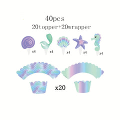 Mermaid Themed Party Set - 40 Pieces Cake Insert & Border
