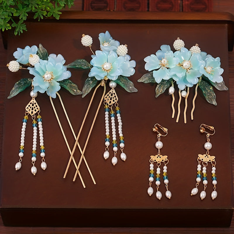 Faux Pearl Flower Hair Comb & Earrings Set