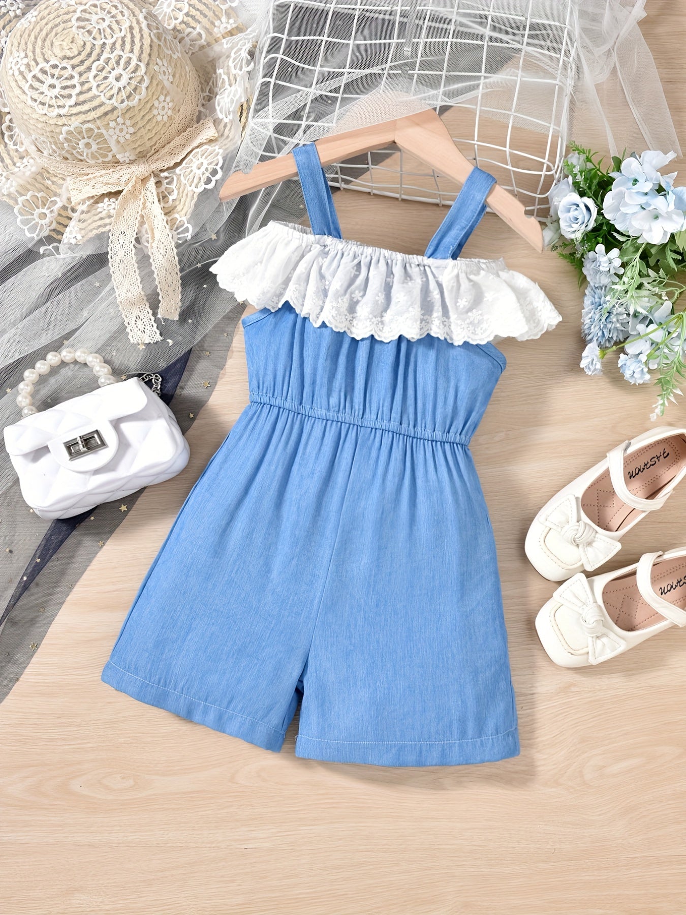 Toddler Girls Lace Ruffle Trim Rompers Jumpsuits