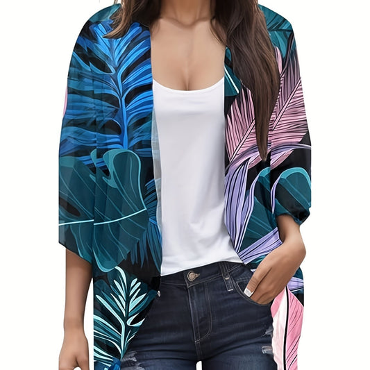 Women's Plus Tropical Print Half Sleeve Open Front Cardigan