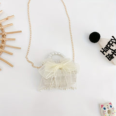 Kids Mesh Bow Handbag w/ Faux Pearl Handle Mini Messenger Bag