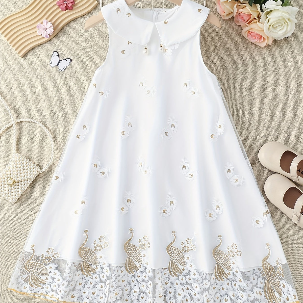 Toddler Girls Peacock & Flower Pattern Mesh Princess Dress