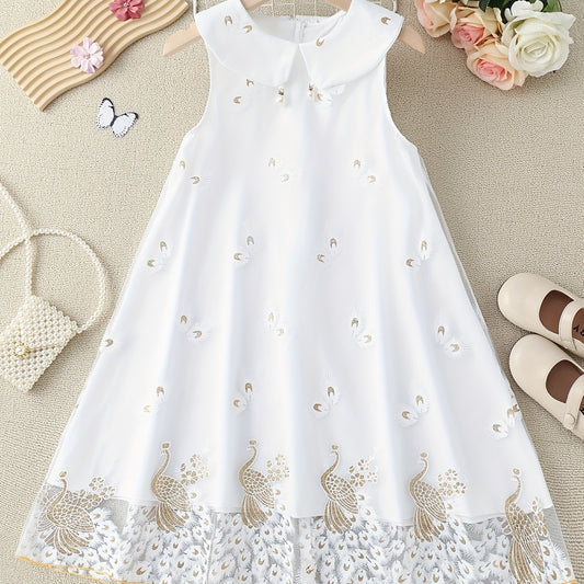 Toddler Girls Peacock & Flower Pattern Mesh Princess Dress