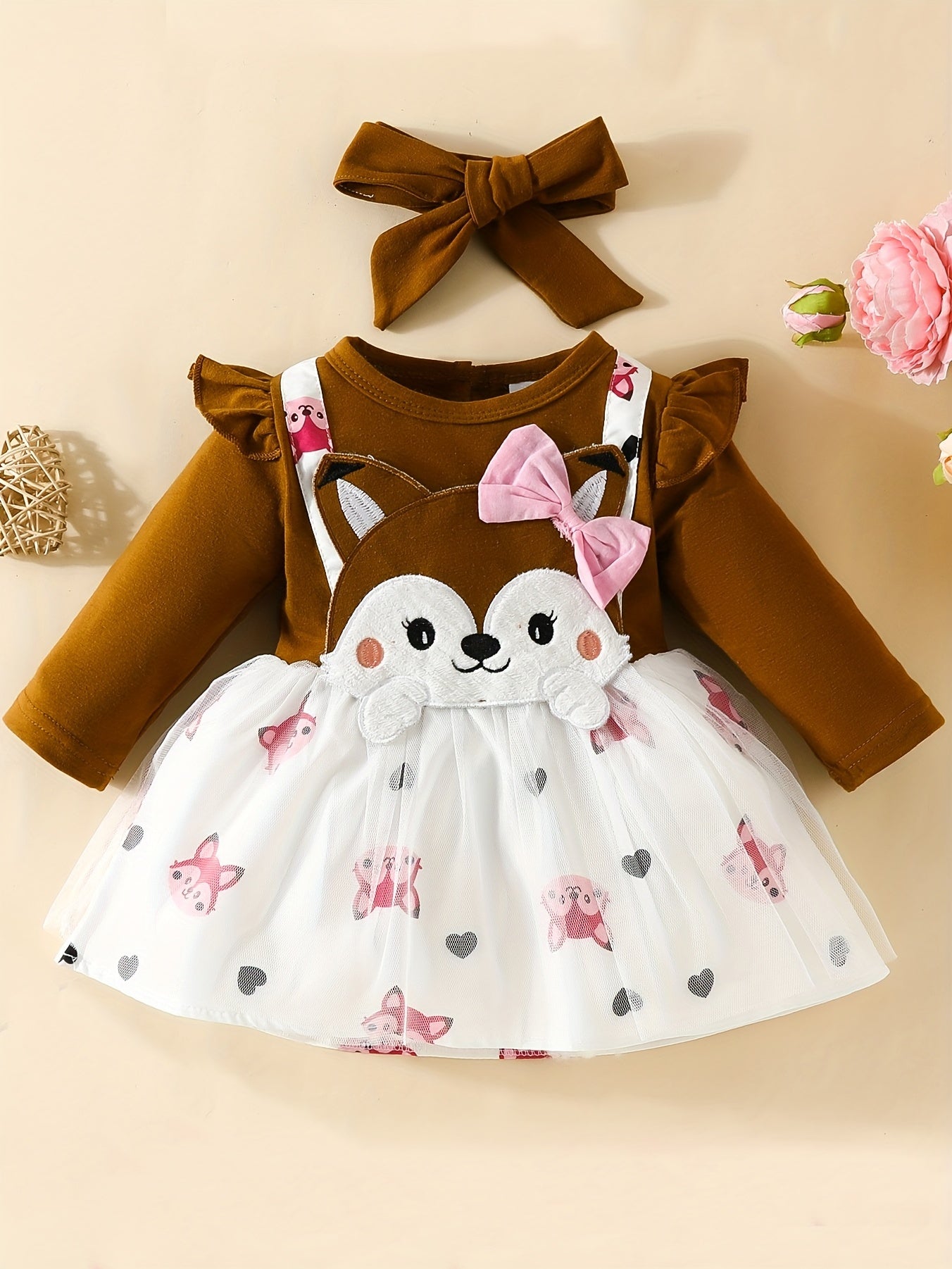 2pcs Baby Girls Fox Graphic Long Sleeve Dress & Headband Bundle