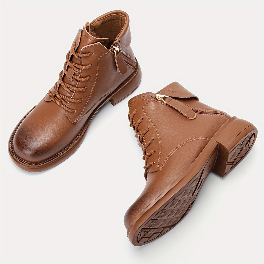 Women's Chunky Heel Lace-Up Boots Side Zipper Comfortable Outdoor