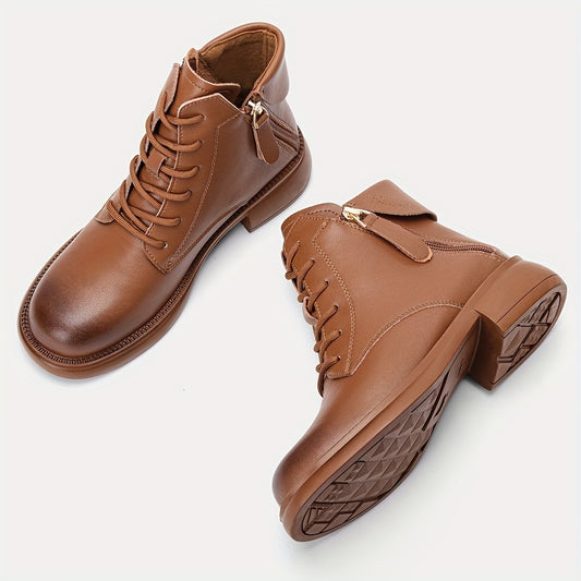 Women's Chunky Heel Lace-Up Boots Side Zipper Comfortable Outdoor