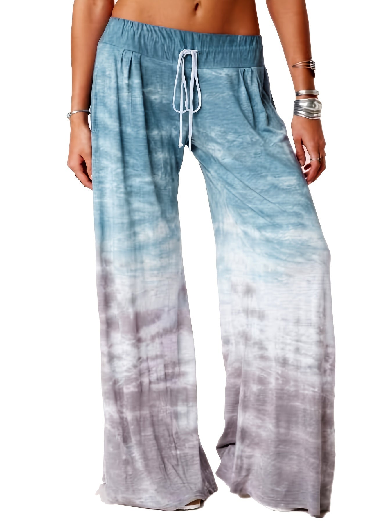  Ombre Print Drawstring Wide Leg Sweatpants