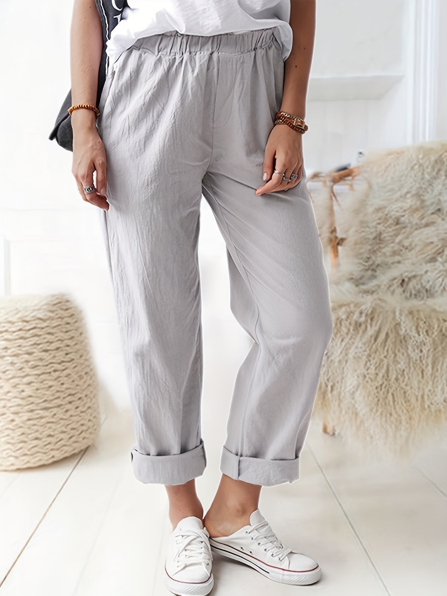  Solid Color High Rise Casual Pants with Pockets