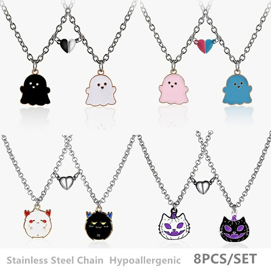 8pcs Magnetic Skull Pumpkin Ghost Pendant Necklace Set Halloween Jewelry