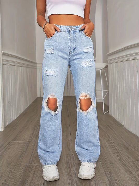 High Waist Ripped Jeans Loose Fit Slash Pockets