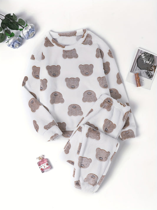  Bear Print Flannel Lounge Set - Warm Pajamas