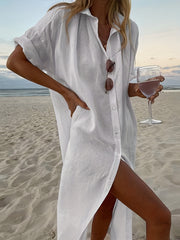  Solid Button Up Short Sleeve Maxi Shirt Dress