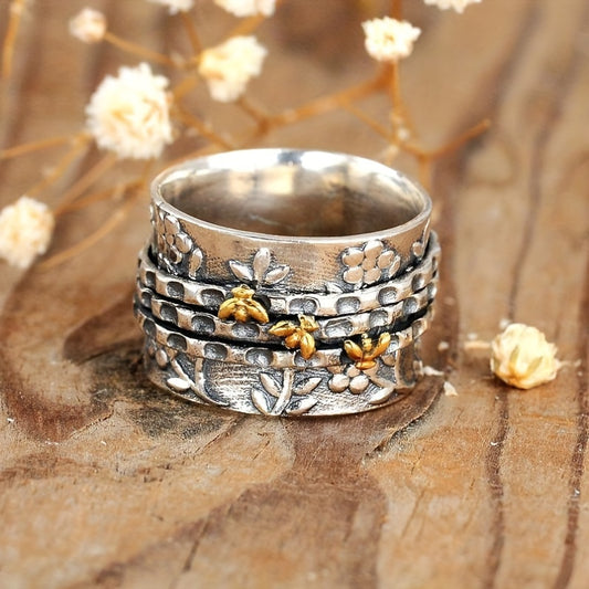 Vintage Bee Flower Two Tone Ring Women Personality Party Ring Jewelry