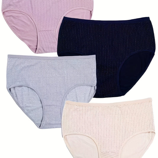 4 Pack Plus Size Panties Set Women's Plus Pin Dot Print Mid Rise Soft Briefs