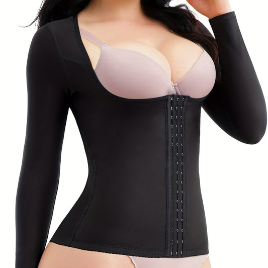 Front Buckle Shaping Tops Long Sleeve Tummy Control Slimmer Open Bust Top