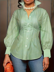  Stripe Print Long Sleeve Button Up Shirt Top