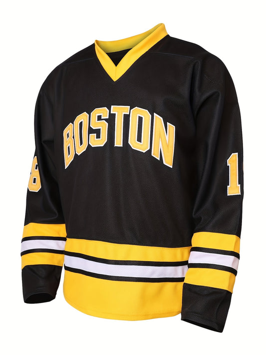 Men's V neck Hockey Jersey BOSTON 18 Retro Classic Stitched Sweatshirt