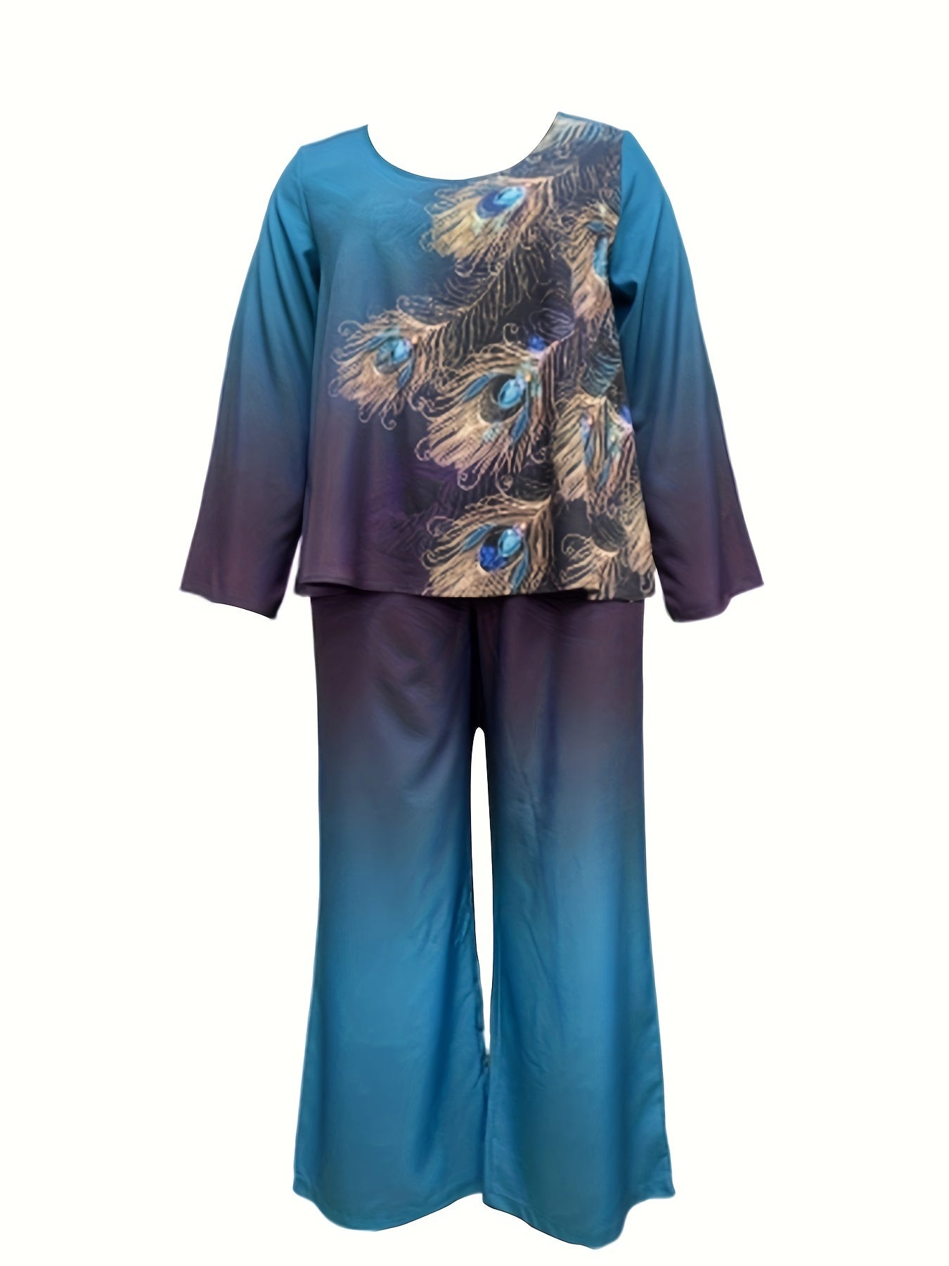 Women's Plus Peacock Print Top & Wide Leg Pants Set