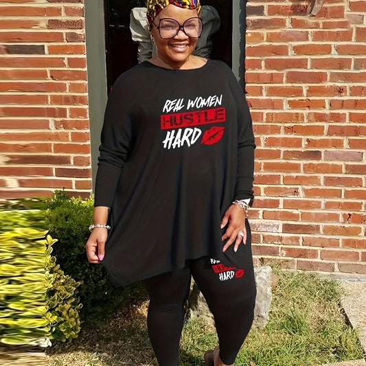  Red Lip & Slogan Print Tunic Top & Leggings Set