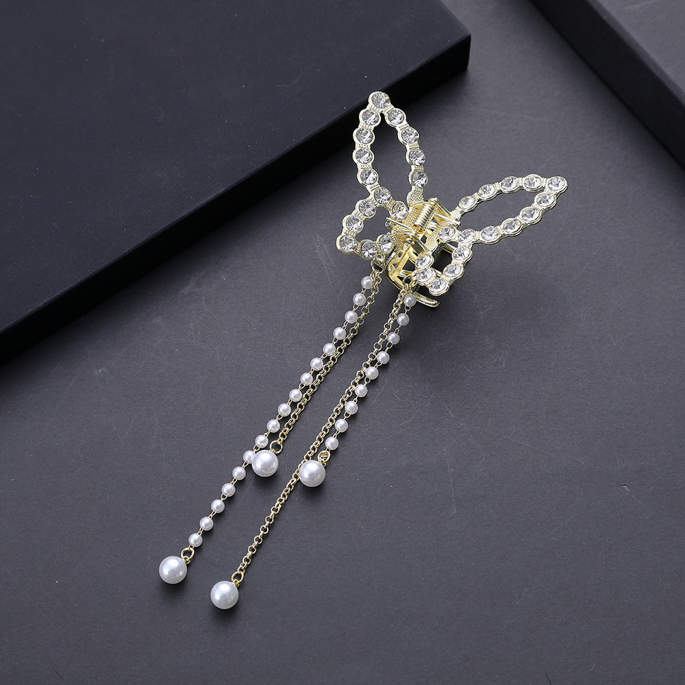 Butterfly Tassel Hair Claw Clips Faux Pearl Rhinestone Metal