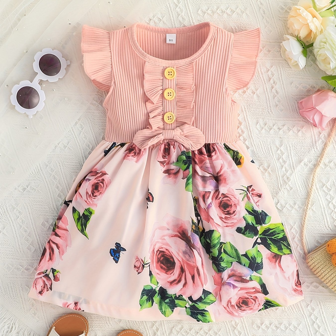 Girls Casual Stitching Dress Ribbed Fly Sleeve Ruffled Bow Dress
