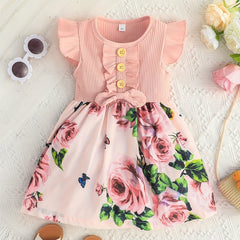Girls Casual Stitching Dress Ribbed Fly Sleeve Ruffled Bow Dress