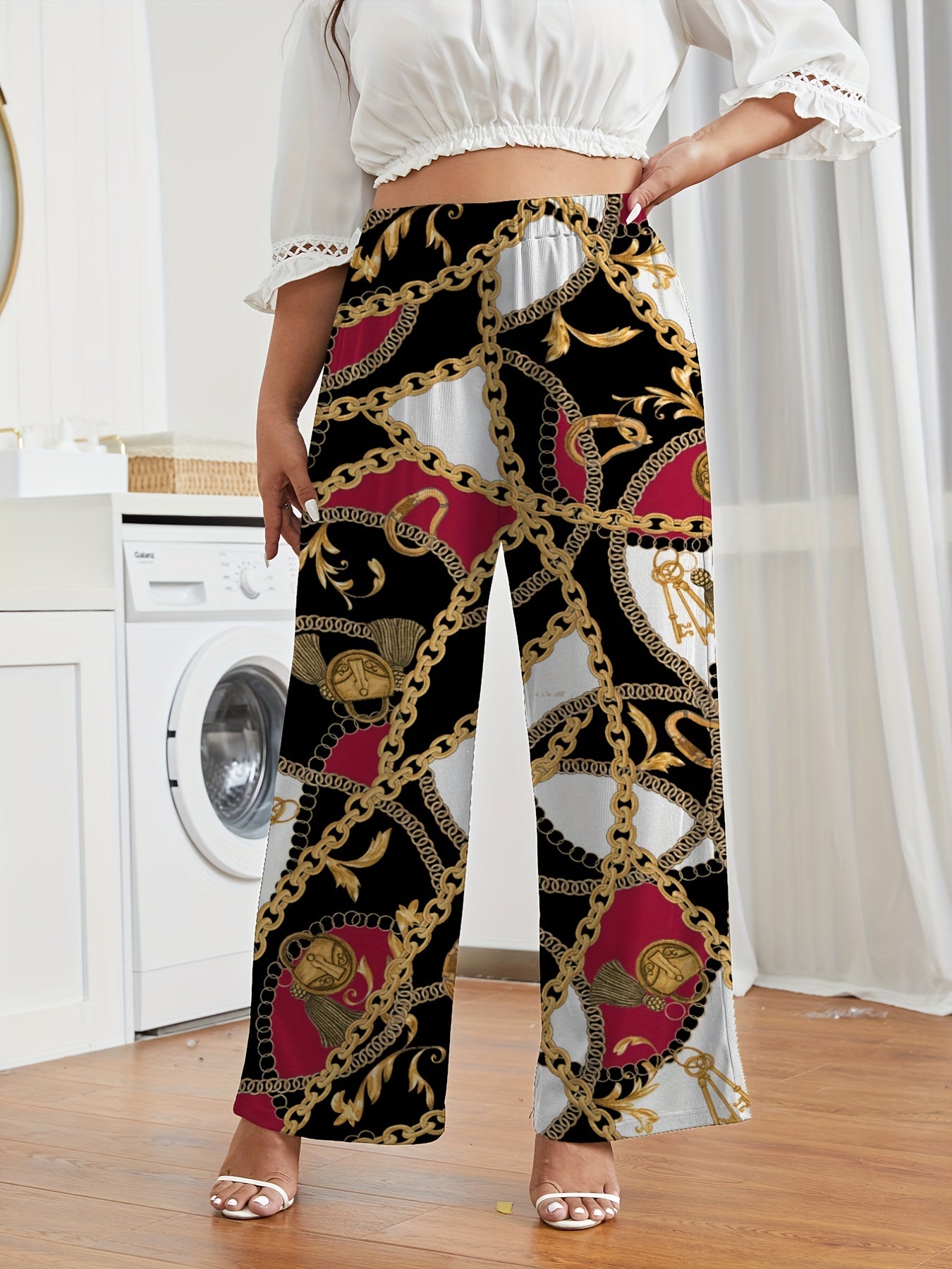 Women's Plus Chain & Lock Paisley Print Wide Leg Elastic Waist Pants