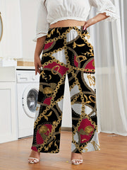 Women's Plus Chain & Lock Paisley Print Wide Leg Elastic Waist Pants