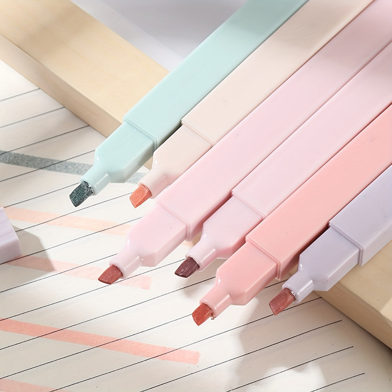 6pcs Soft Tip Highlighters Set Curved Shape for Note taking Drawing