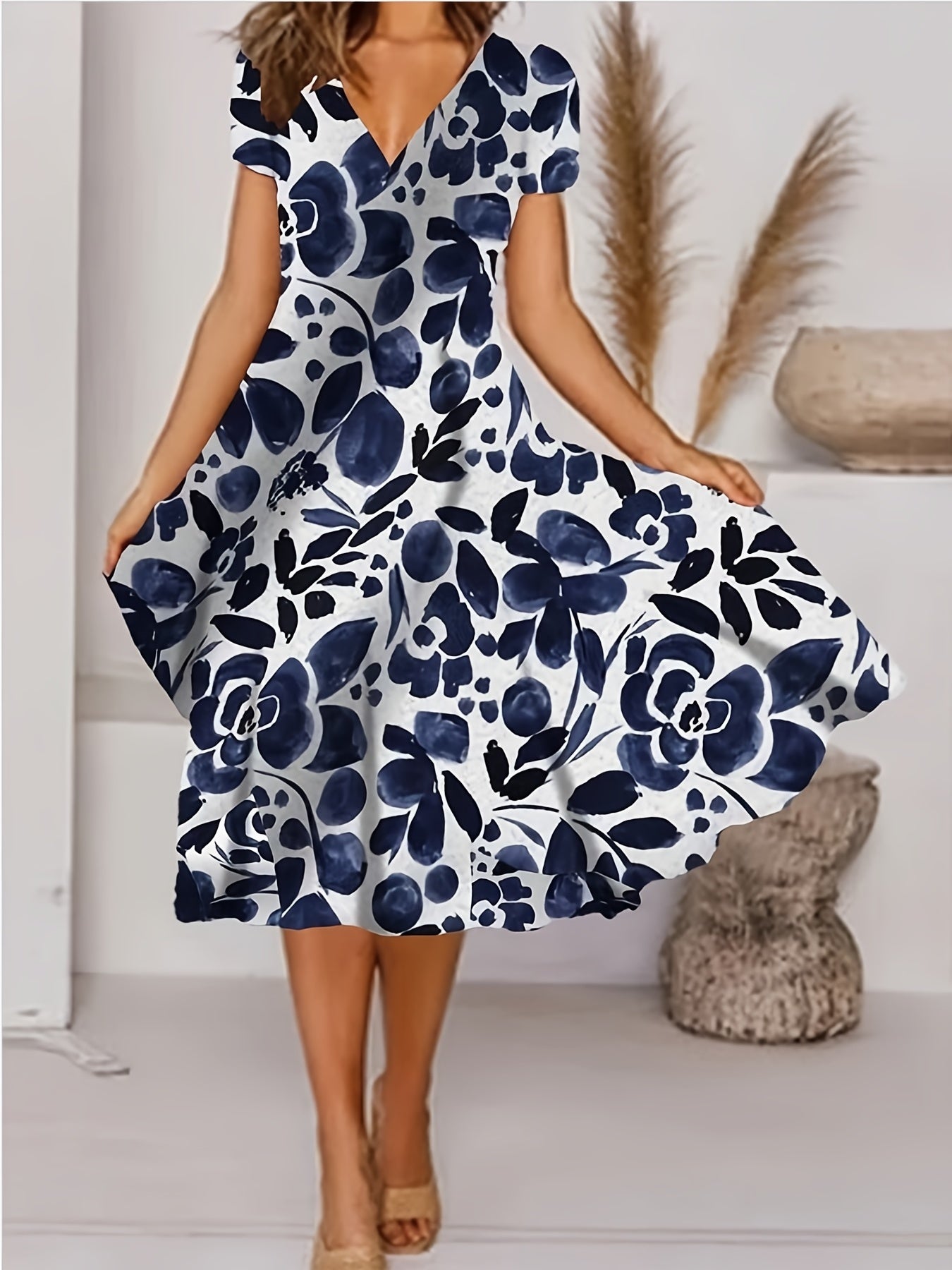 Floral A Line Dress V Neck Short Sleeve Midi