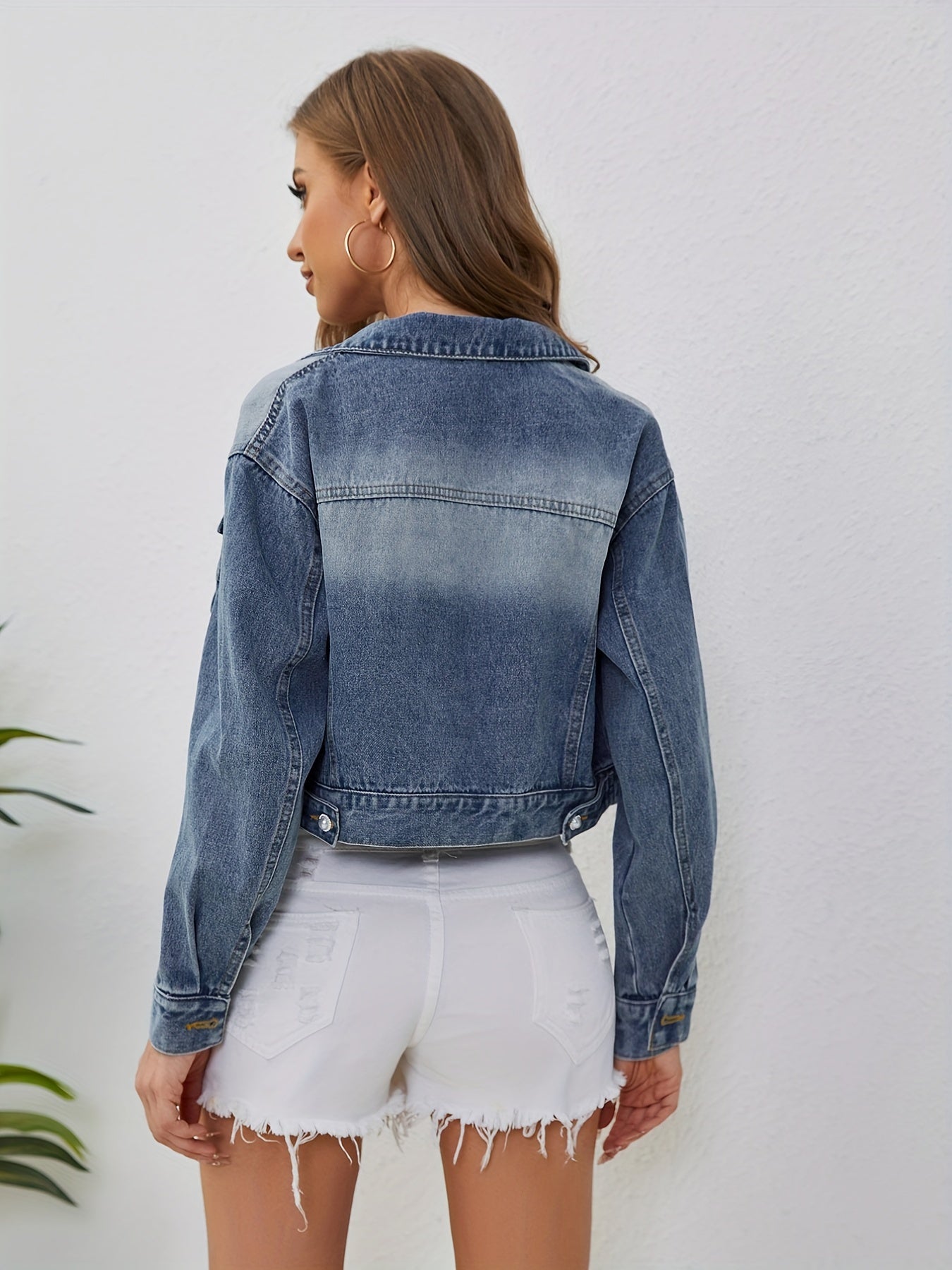 Flap Pockets Denim Jackets Long Sleeves Non Stretch Lapel Denim Coats