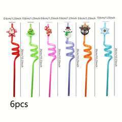 6pcs Christmas Element Bent Straw Christmas Party Tableware