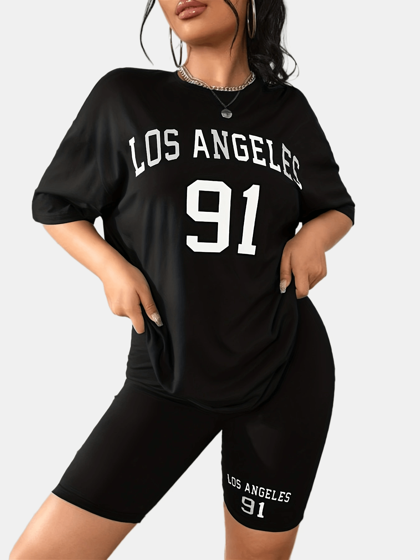 Letter Print Two piece Set Short Sleeve T shirt & Skinny Shorts Outfits