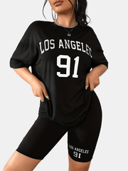 Letter Print Two piece Set Short Sleeve T shirt & Skinny Shorts Outfits