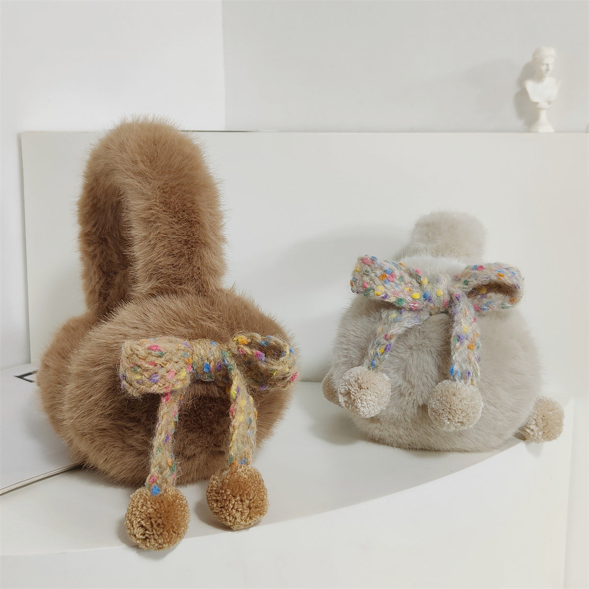 Women's Plush Winter Earmuffs with Bow & Pom Pom Brown
