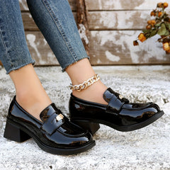 Women's Chunky Heel Loafers Patent Leather Mid Heels British Style