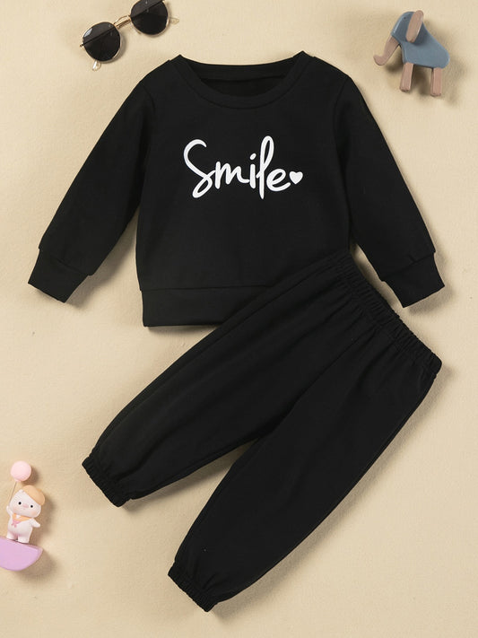 Girls Smile Print Sweatshirt & Sports Pants Set