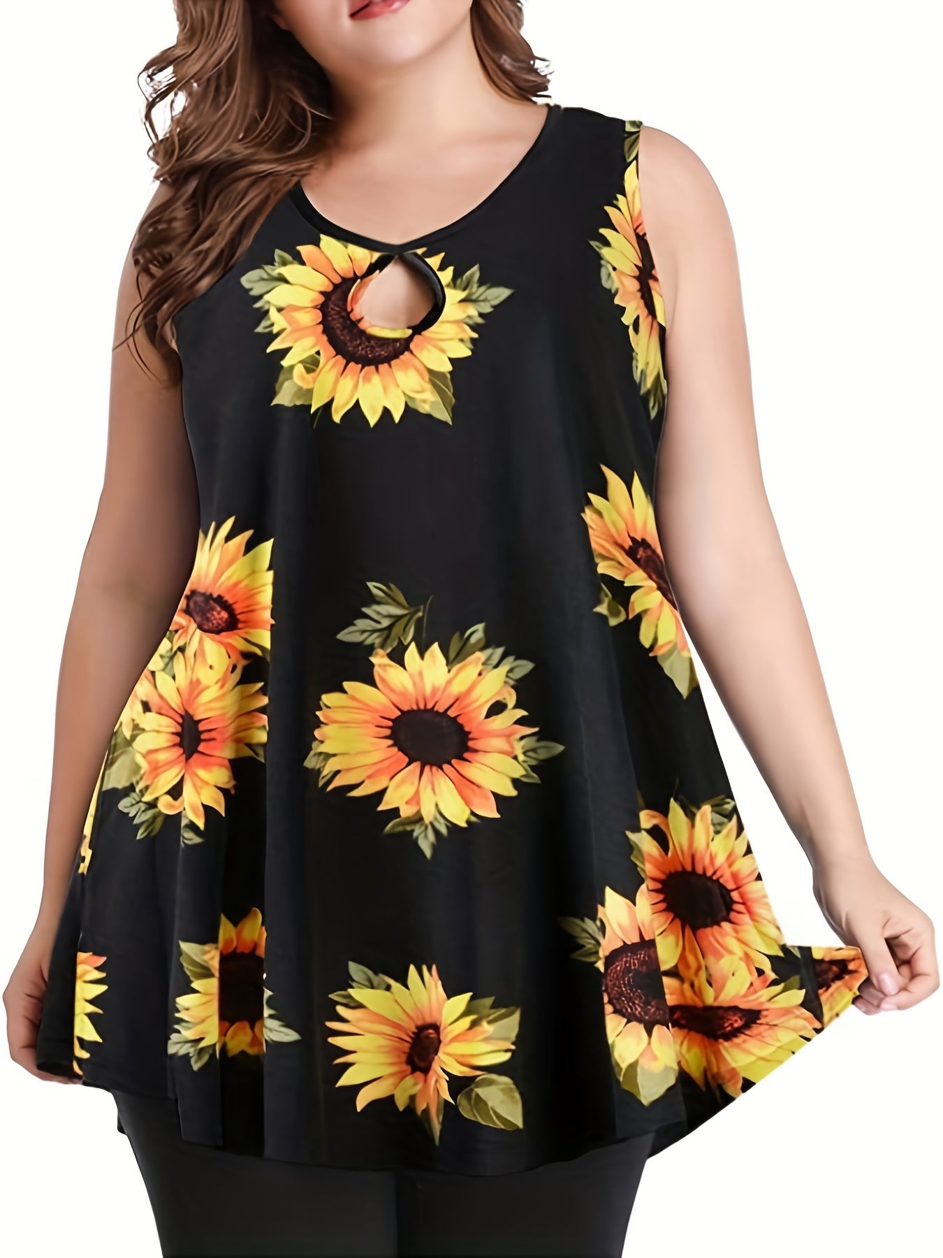  Sunflower Print Cut Out Round Neck Tank Top