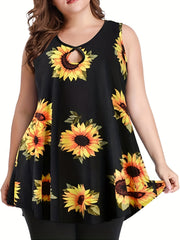  Sunflower Print Cut Out Round Neck Tank Top