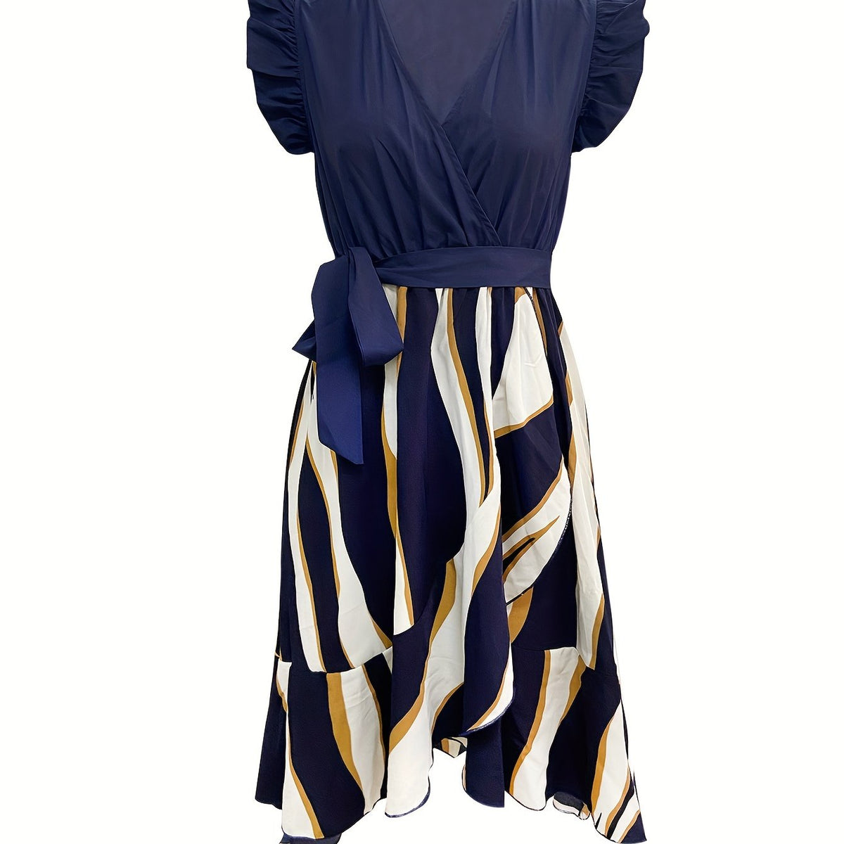 Abstract Striped Print Dress Surplice Neck Ruffle Trim Dress