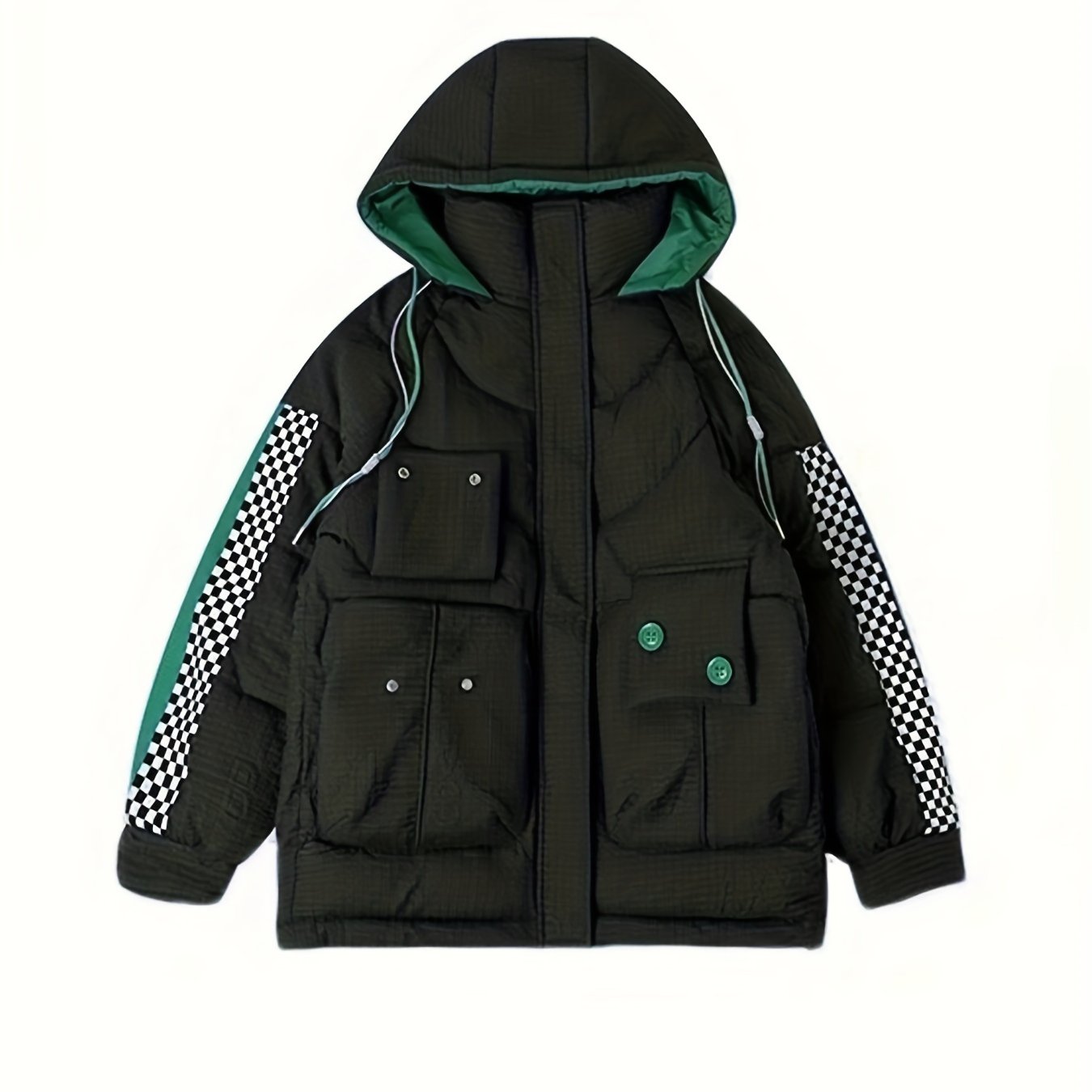 Plaid Detail Puffer Jacket Women's Winter Hooded Jacket