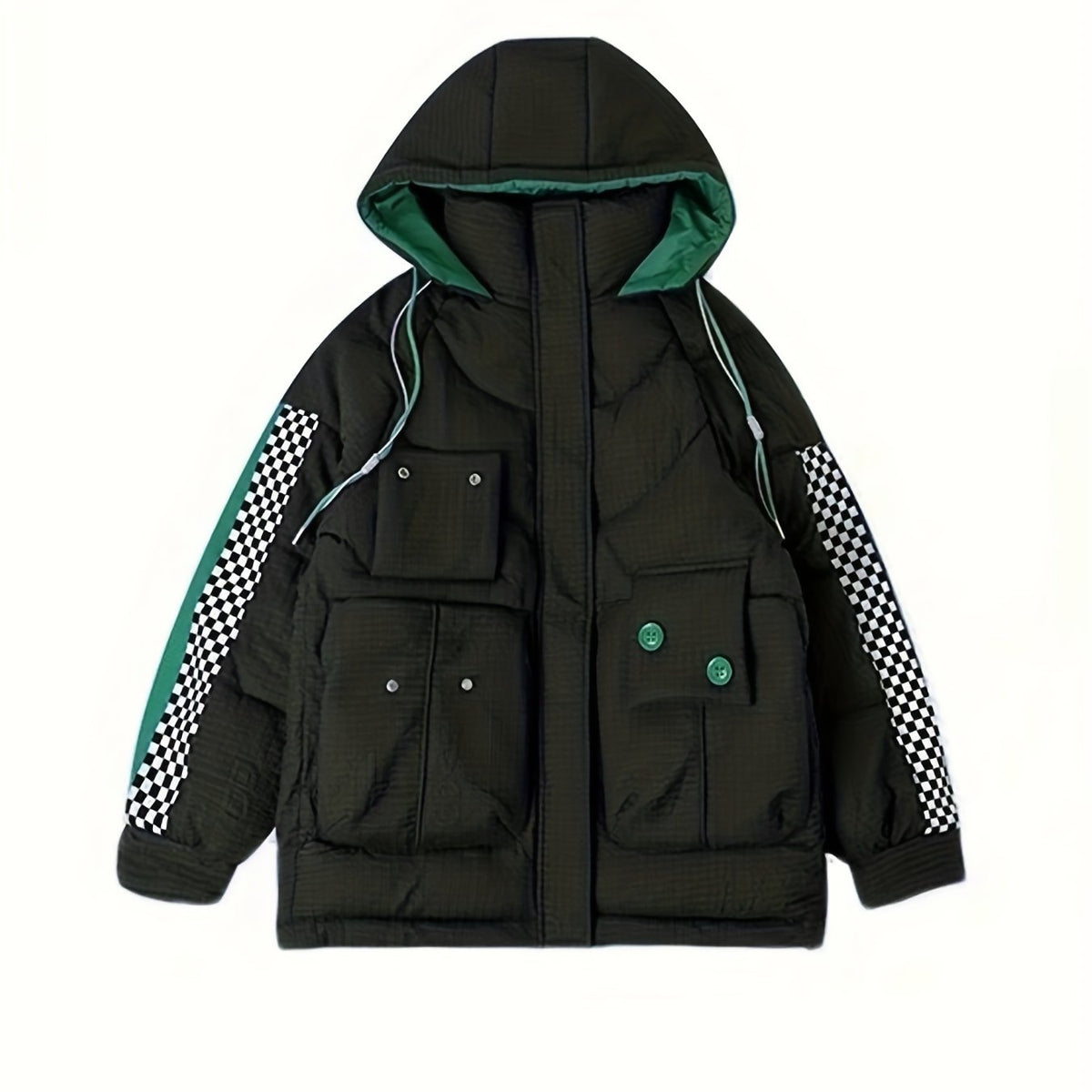 Plaid Detail Puffer Jacket Women's Winter Hooded Jacket