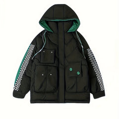 Plaid Detail Puffer Jacket Women's Winter Hooded Jacket