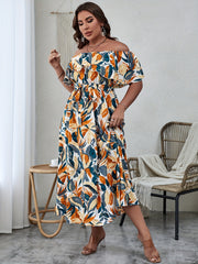  Tropical Print Off Shoulder Ruffle Maxi Dress