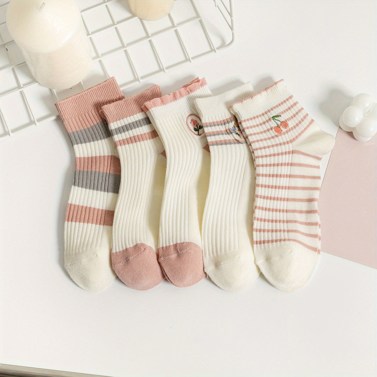 5 Pairs Striped Sports Socks Lightweight Crew Short Socks Women's Stockings