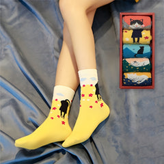 5 Pairs Cartoon Cat Crew Socks - Comfy Casual Breathable Cute Design