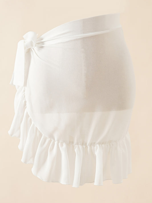 Random Print Ruffle Cover Up Skirt Semi Sheer Wrap